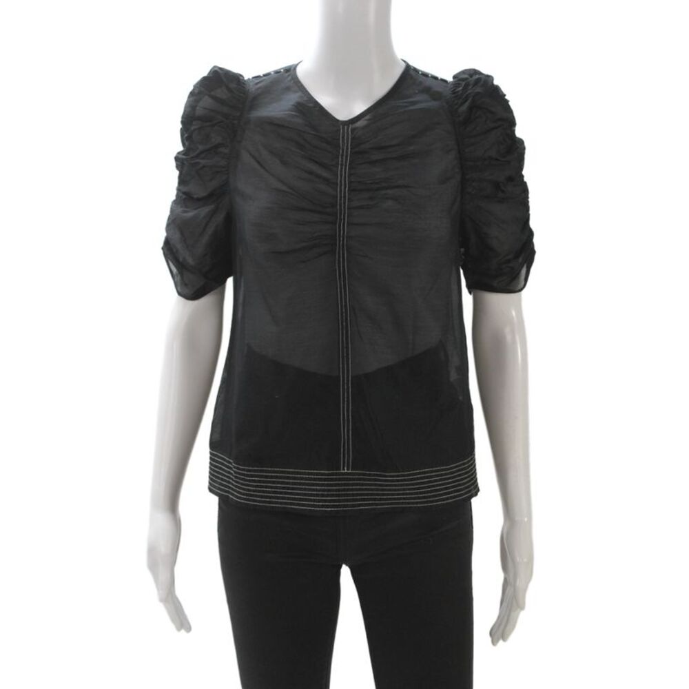 Ulla Johnson Womens Black V-Neck Short Sleeve Blouse Silk Cotton Size 4